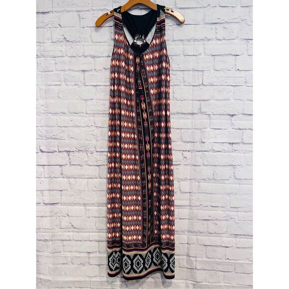 GNW Women's‎ Sleeveless Long Maxi Dress Hot Pink Black Multi Color Tribal - Picture 1 of 9
